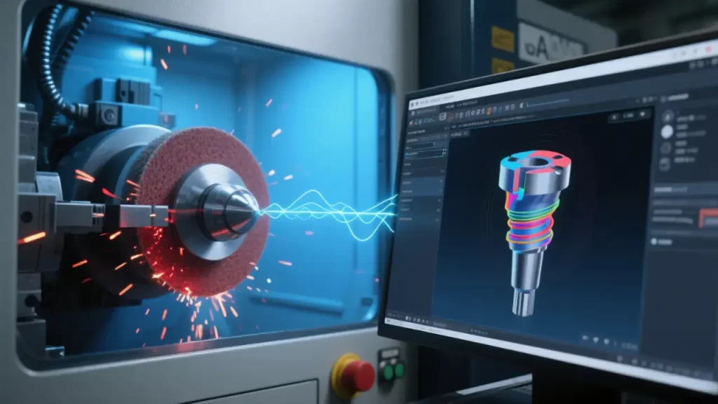 A CNC grinding machine sparks while a computer shows a 3D tool model.