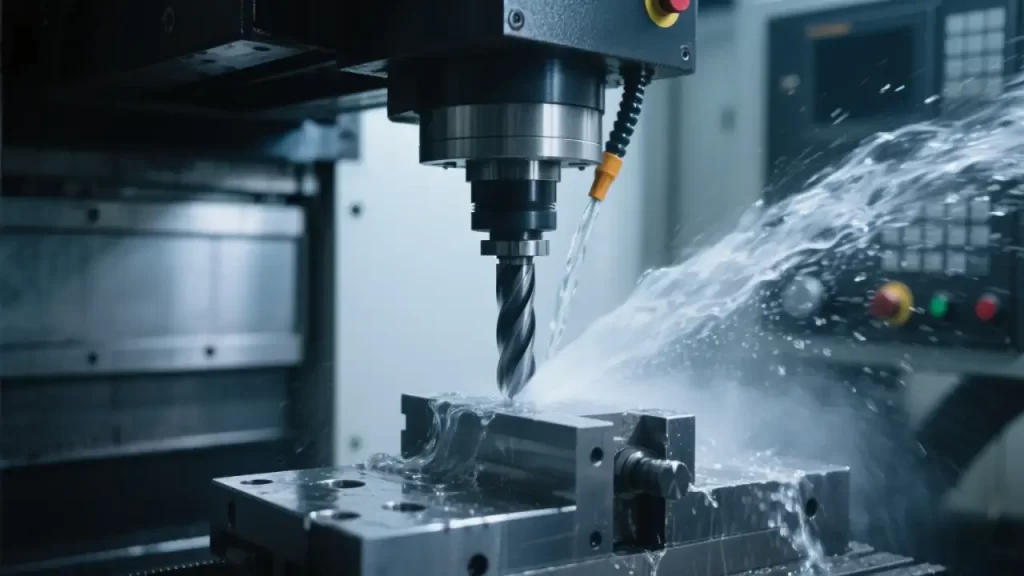 A CNC machine drills metal, with coolant spraying to cool the cutting area and aid machining.