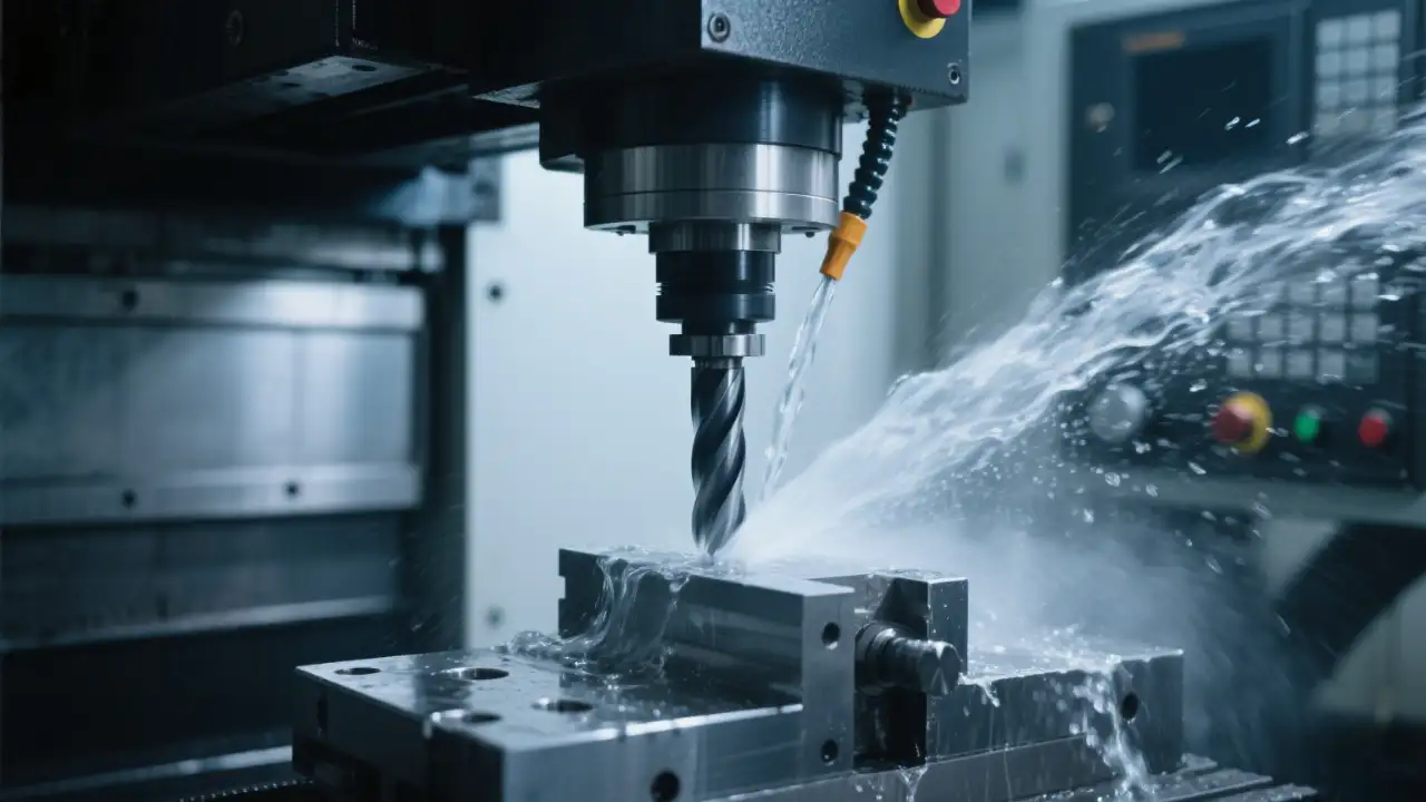 A CNC machine drills metal, with coolant spraying to cool the cutting area and aid machining.