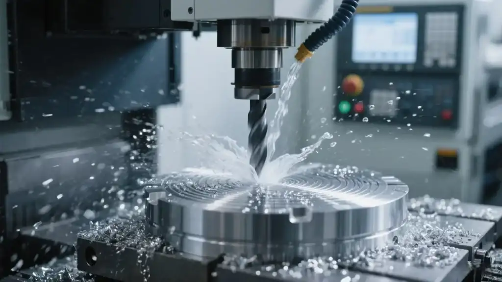 During the CNC machining process, the machine tool is drilling a metal workpiece, with cutting fluid splashing and metal chips scattered around, demonstrating the efficiency and precision of CNC machining.