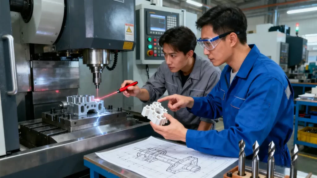 Two CNC machinists collaborate on a machining process; one uses a laser pointer on a metal part, while the other holds a component, with technical drawings and equipment around.