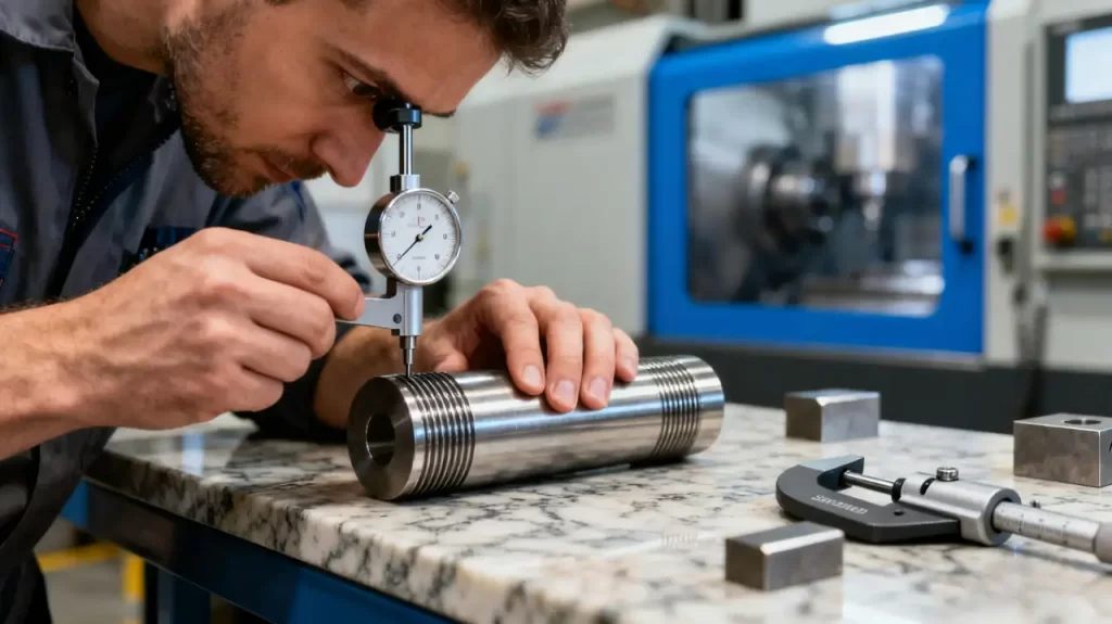 A CNC machinists uses a precision measuring instrument to carefully measure a cylindrical metal part, ensuring accuracy in a workshop setting.