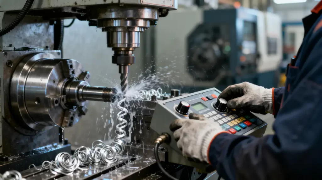 A CNC machinist operates machining equipment, with metal shavings curling and coolant splashing as the drill works.