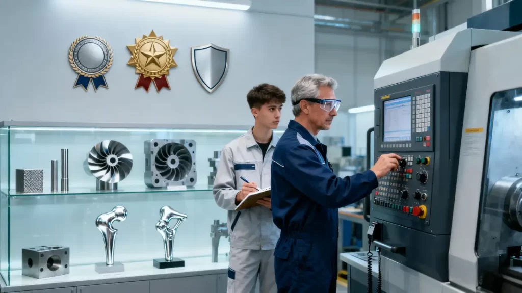 A technician operates advanced machining equipment while an apprentice takes notes, with various precision machined parts on display nearby.