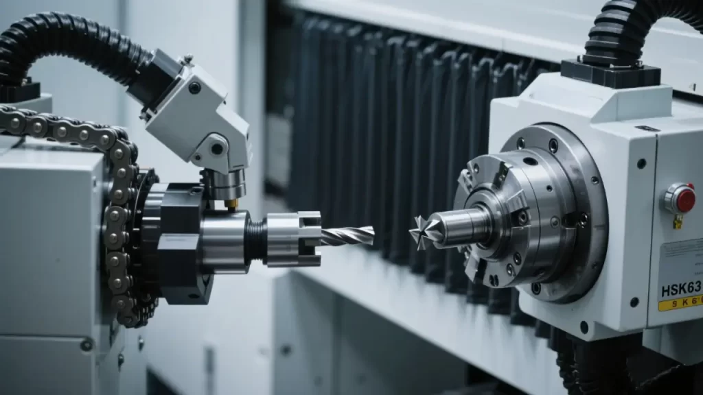 Close-up of automatic tool changer (ATC) arm exchanging cutting tools between chain magazine and HSK63 spindle in CNC machining center