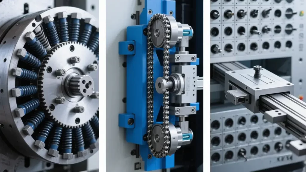 Comparative view of three tool magazine systems: drum magazine with springs, chain magazine with tensioner, and matrix magazine with XY positioning in CNC machining center