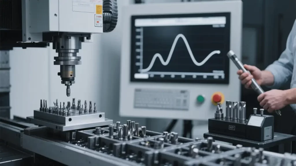 Operator using tool presetter while CNC machining center spindle accesses matrix tool magazine, with monitoring screen displaying tool life curve