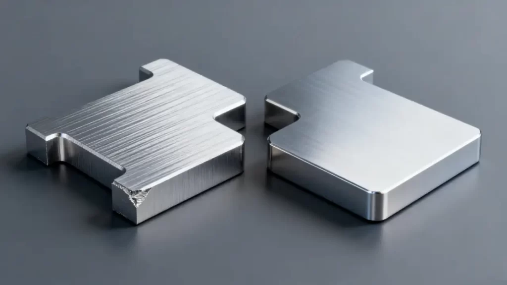 Two machined metal parts placed side by side, one with a rough, striated surface and the other with a smooth, polished surface, highlighting surface finish difference.