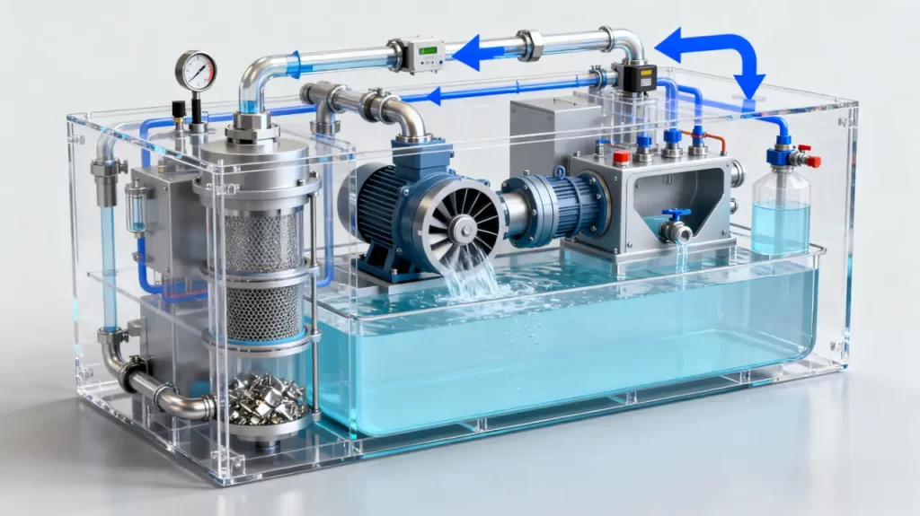 A transparent model of a coolant circulation system, showing pumps, filters, and pipes with blue coolant flowing through, demonstrating how coolant circulates in CNC machining.