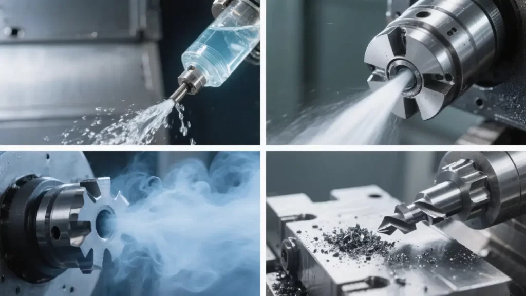 Four - panel view: external spray cooling, internal cold tool cooling, cryogenic cooling with mist, and dry cutting, showing different cooling applications.