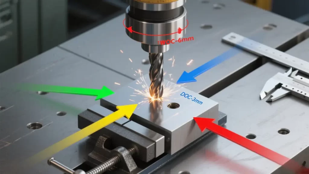 CNC machine tool drilling workpiece, with arrows indicating axial cutting depth (DOC - 3mm) and radial cutting depth (WOC - 6mm), sparks flying during cutting.