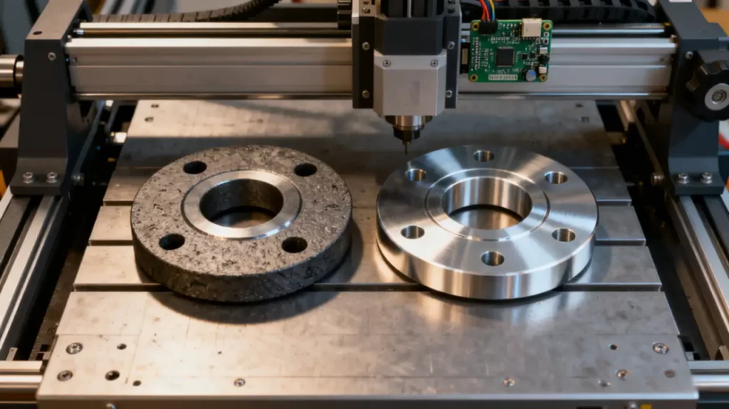 A desktop CNC machine with two flanges: one rough (processed by GRBL), one smooth (processed by LinuxCNC + FPGA control), showing machining quality contrast.