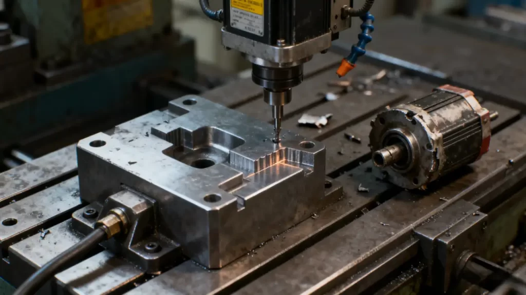 A desktop CNC milling machine is processing a metal part, with the cutting tool in contact with the workpiece and metal shavings around, demonstrating precision machining.