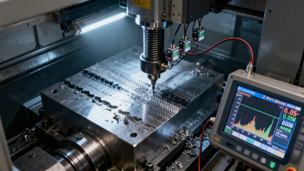A desktop CNC milling machine in operation, cutting a metal block, with a real - time monitoring display showing various machining parameters.