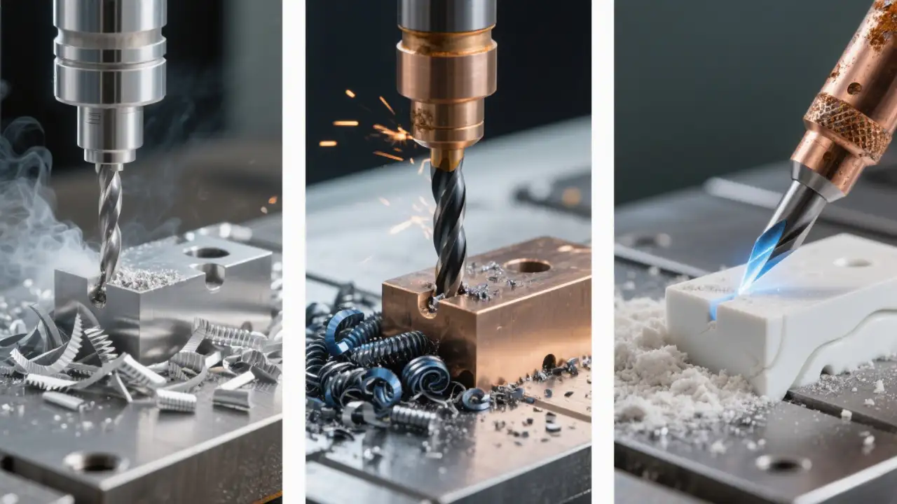 Three CNC machining scenes: aluminum machining with chips, stainless steel machining with sparks, ceramic machining with blue light - assisted cutting.