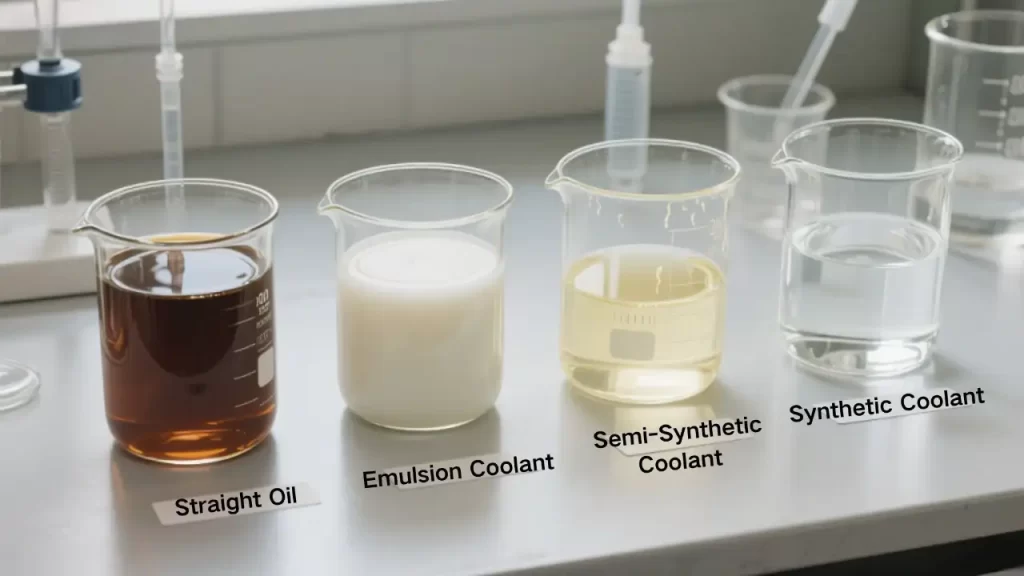 Four beakers on a lab bench contain different types of coolants: straight oil, emulsion coolant, semi - synthetic coolant, and synthetic coolant, each with distinct appearances.