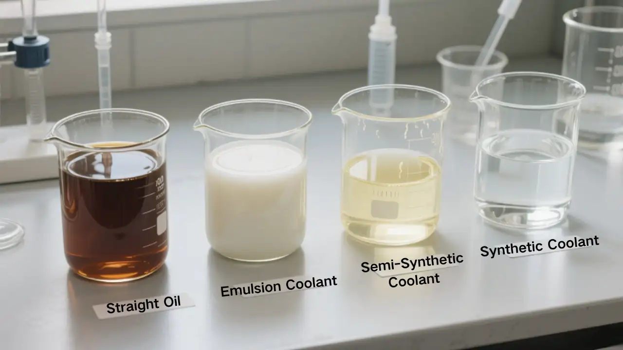 Four beakers on a lab bench contain different types of coolants: straight oil, emulsion coolant, semi - synthetic coolant, and synthetic coolant, each with distinct appearances.