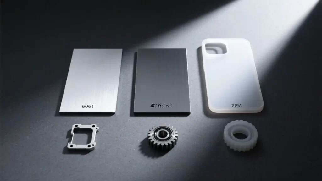 Metal plates and engineering plastic parts, as well as gears and small frames, are displayed on a dark，presenting the diverse forms and application possibilities of parts made from different materials.