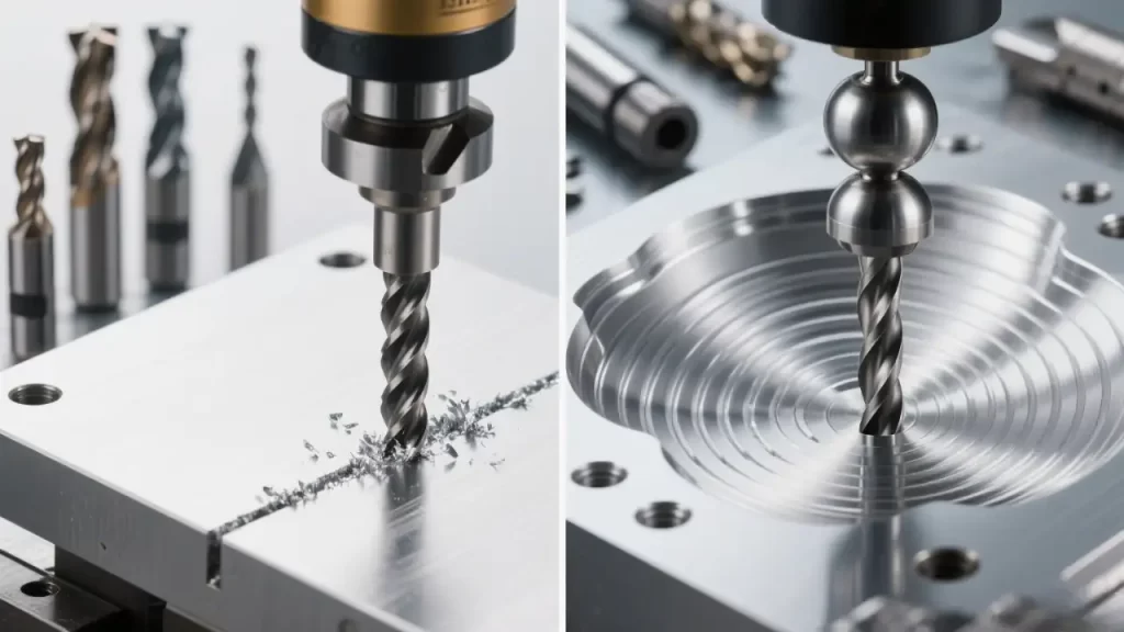 Two scenes: a drill makes a slot and shapes a curved metal surface.