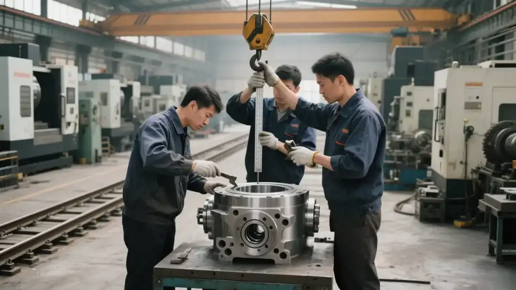 In the factory, several workers collaborate on work related to the hybrid process chain, operating large metal workpieces with the help of lifting equipment, and CNC equipment can be seen in the background, demonstrating the production scenario of CNC and manual collaboration.