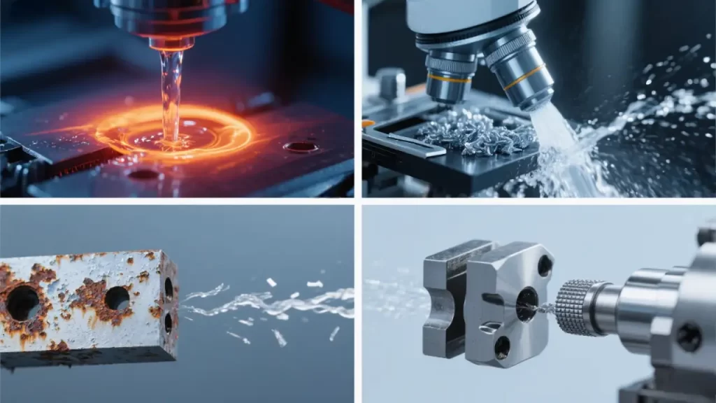 liquid on glowing surface, microscope with water spray, water on rusted block, and CNC machine using coolant while drilling.