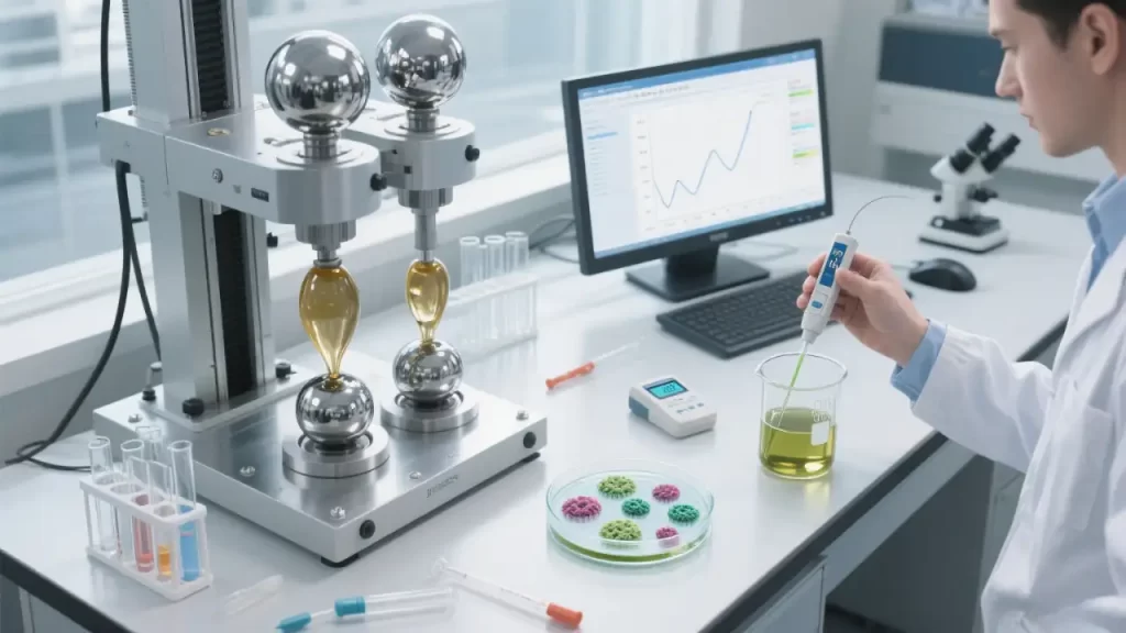 In a laboratory, a scientist tests coolant performance using specialized equipment, with a computer displaying data graphs and various test tubes and petri dishes around.