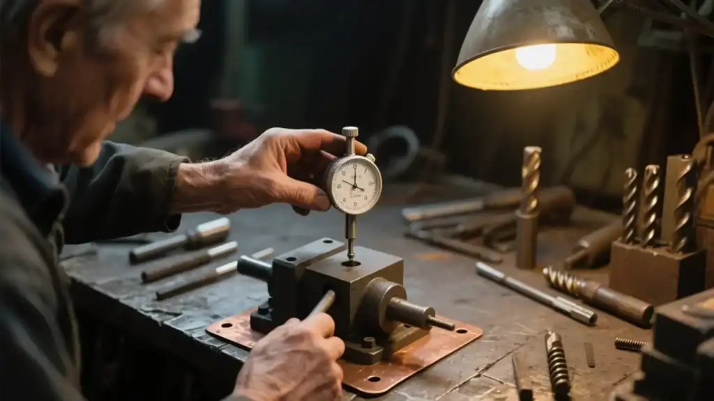 A technician is conducting manual machining measurement work, carefully inspecting the workpiece with a measuring tool, and various processing tools are placed around, reflecting the requirements of manual machining for experience and precision control.