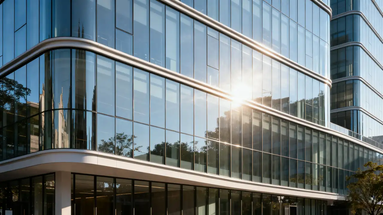 Sleek glass curtain wall facade of a modern building, featuring large glass panels and reflecting sunlight, showcasing architectural aesthetics and natural light integration.