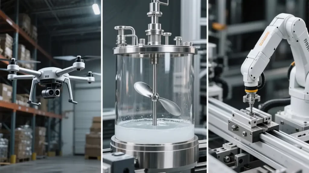 The picture is divided into three parts. On the left is a drone in a warehouse, in the middle is a reactor in a laboratory, and on the right is a robotic arm operating, showing industrial applications in different fields.