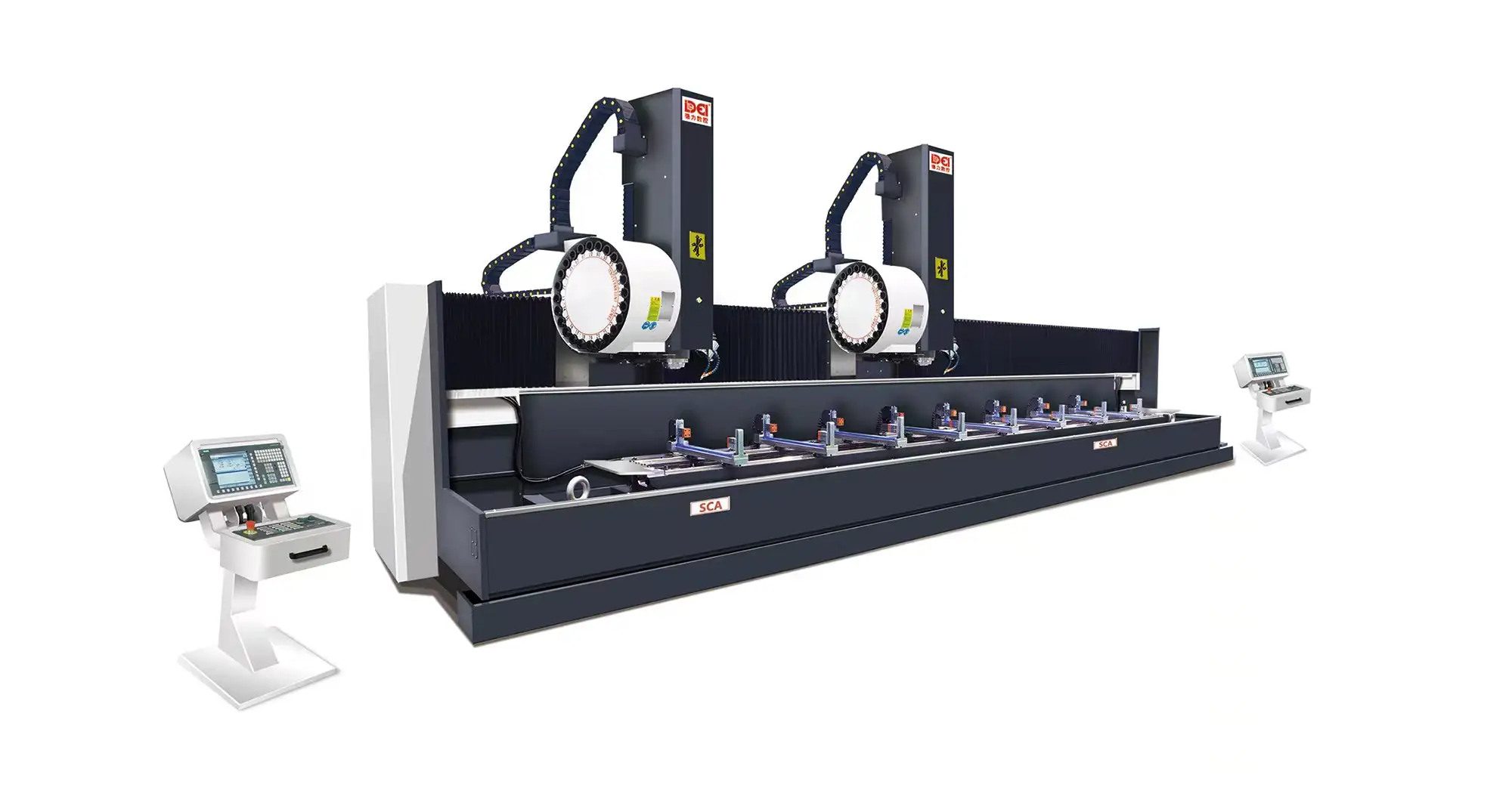 Front view of SCA series CNC milling machine with dual spindles and control panels, showcasing industrial-grade machining equipment design.