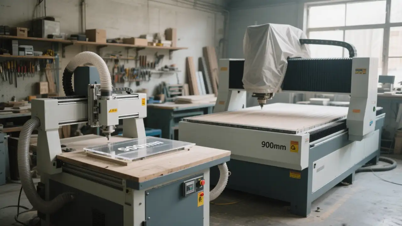 A large CNC router sits unused in a small workshop corner, with a few small acrylic workpieces scattered nearby. The machine is not running, showing mismatching between equipment size and business needs.