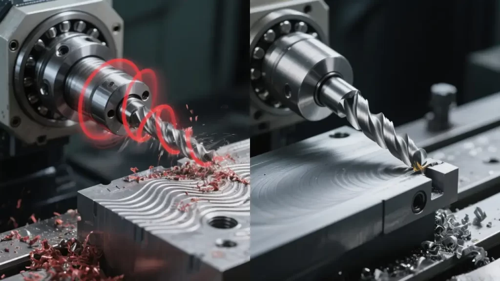 Side - by - side view of CNC machining: left shows spindle vibration with poor surface finish, right shows stable spindle with smooth workpiece surface.