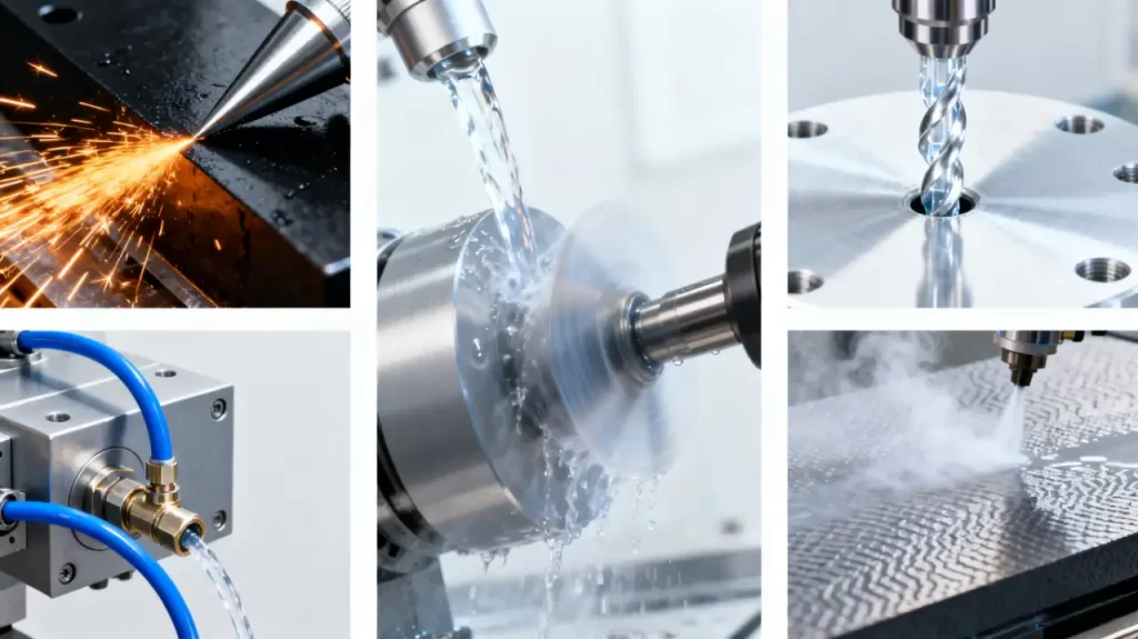 A collage of different CNC cutting processes, including turning with sparks, grinding with coolant flow, and drilling, all utilizing coolant for efficient machining.