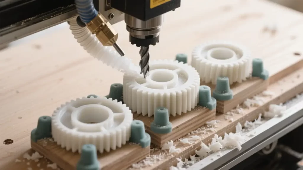 A woodworking engraving machine is processing white plastic gears. The gears are fixed on the workbench, and debris generated by cutting is scattered, presenting the processing scene of plastic parts.