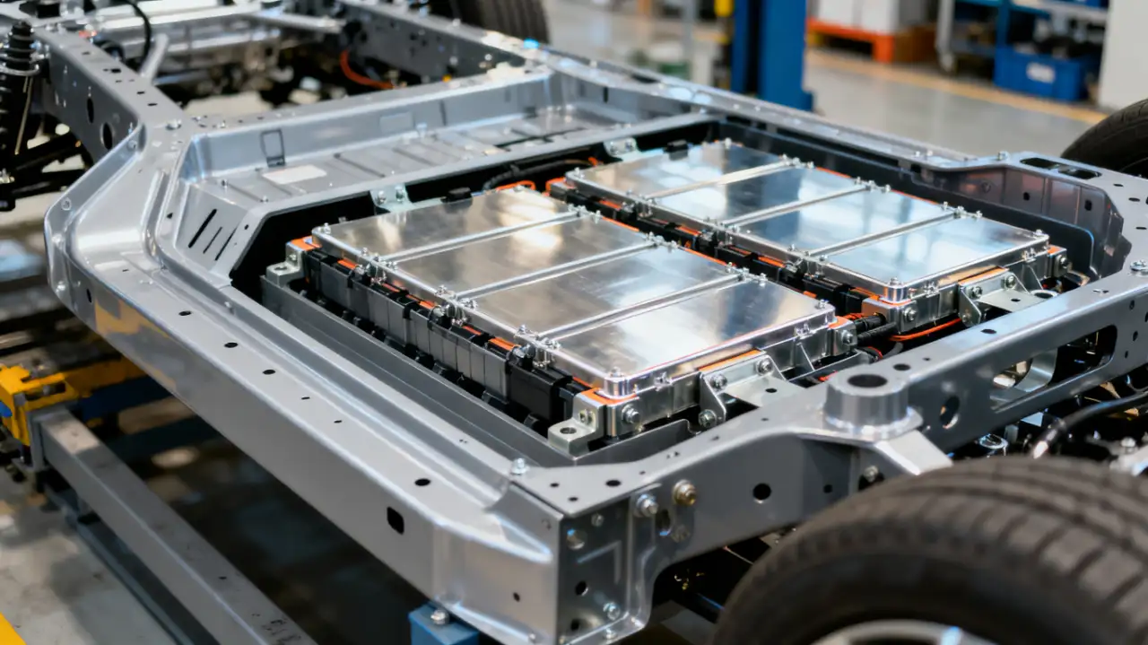 Close-up of an EV battery tray (with battery modules) mounted in a vehicle’s underbody chassis, showing the tray’s integration into the EV structure in a manufacturing setting.