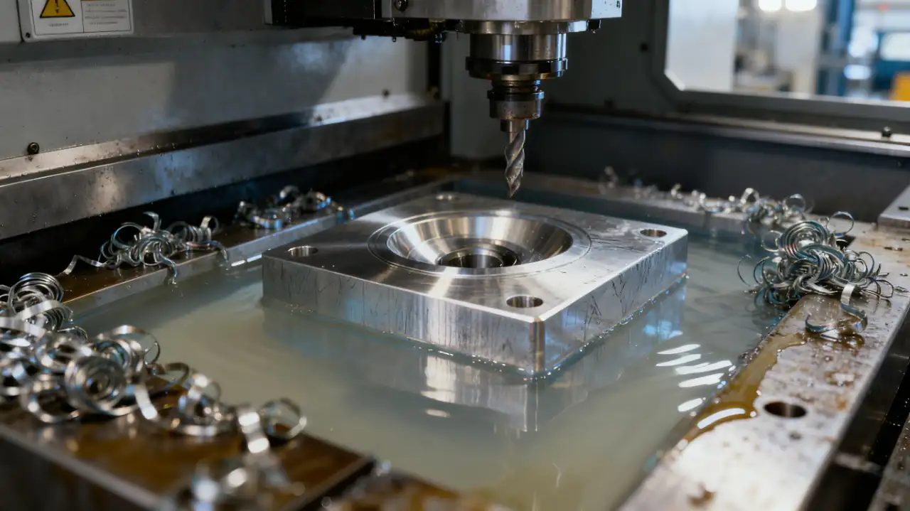 Aluminum CNC machining scene: A drill bit works on a metal part, with coiled aluminum chips accumulating around the workpiece in coolant, highlighting the need for effective chip clearing.
