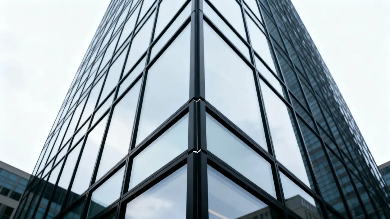 A close-up view of a completed modern curtain wall facade on a high-rise building, showcasing the sleek aluminum frame and glass panels with clean, precise joints.