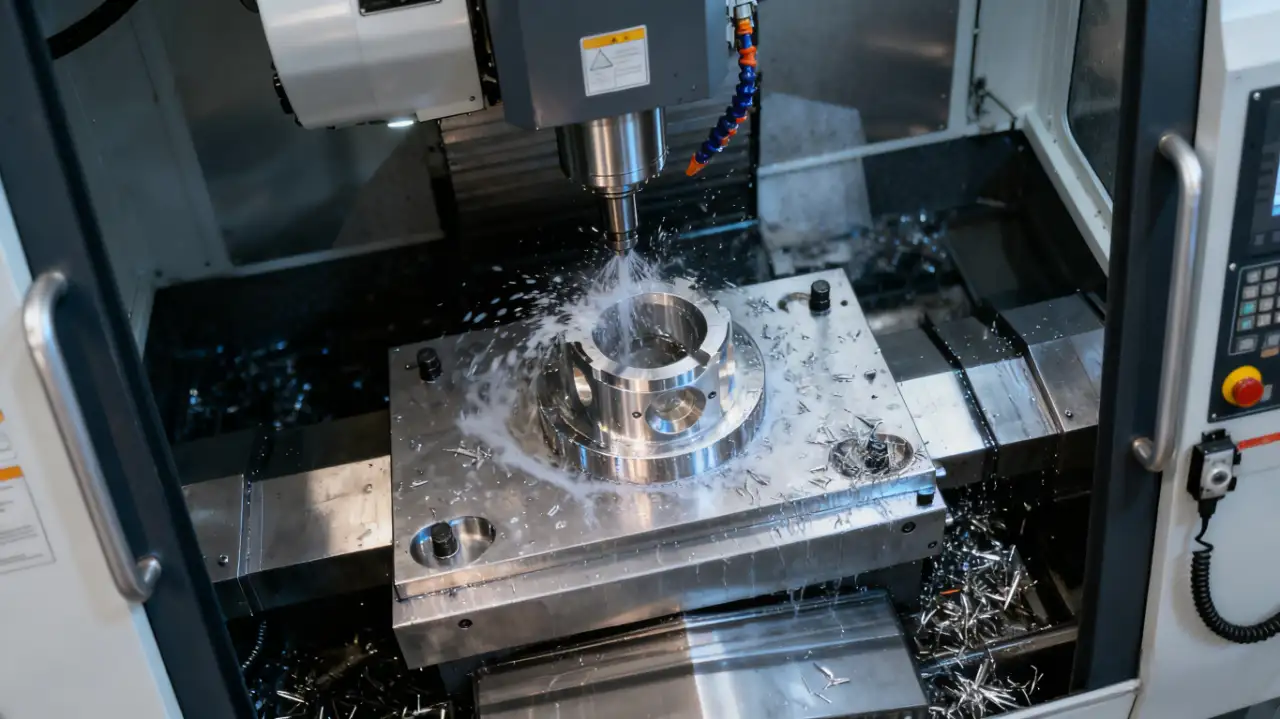 Close-up view of a modern five-axis CNC machine during metal machining: spindle cutting a metallic workpiece, coolant splashing, and metal chips scattered around the worktable inside the machine enclosure.