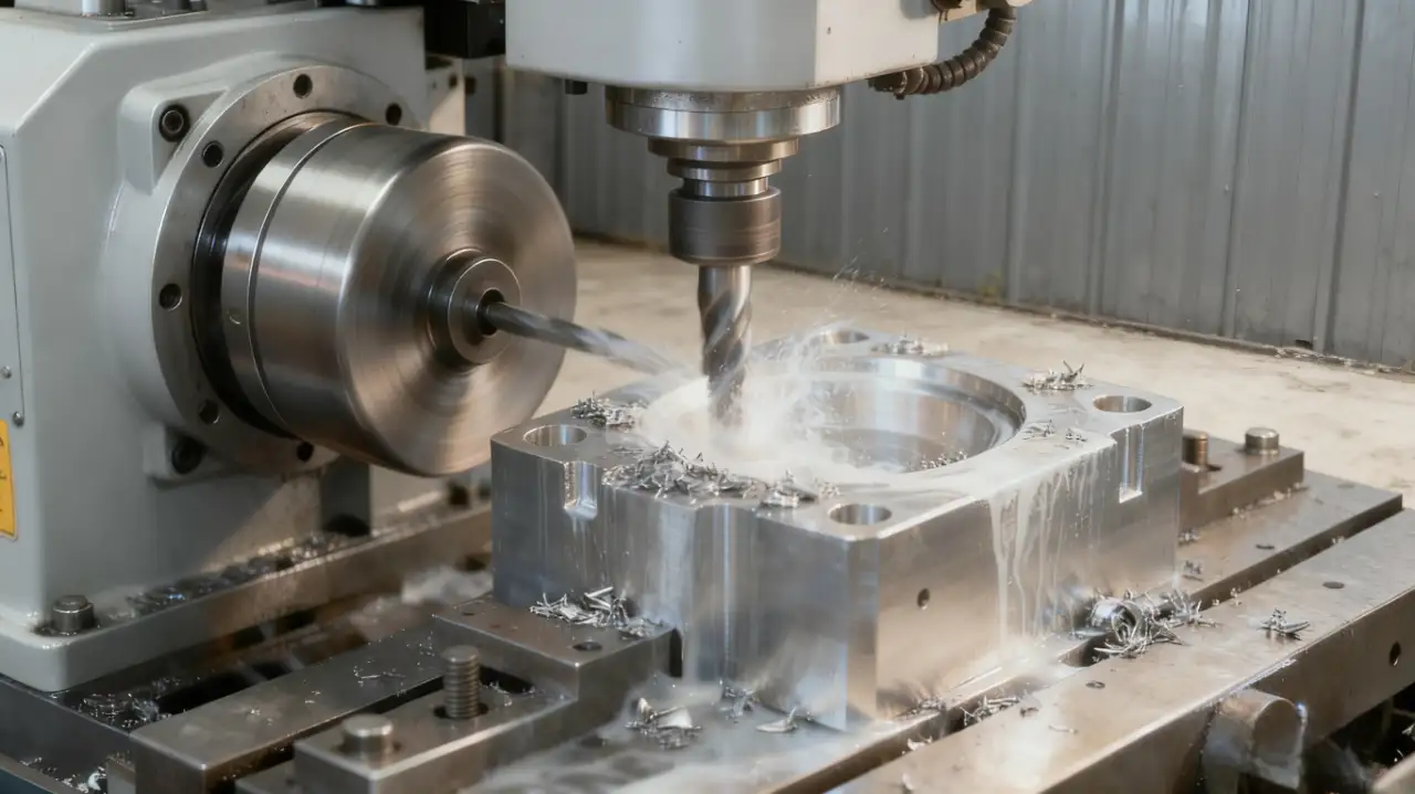 Advanced milling machine in operation, cutting a metal workpiece. Tidy workshop surroundings with industrial fixtures and subtle equipment details, capturing the precise, dynamic machining process in a natural production environment.